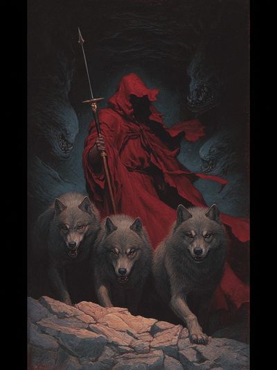 Red Cloaked Wolf Guardian Print. poster