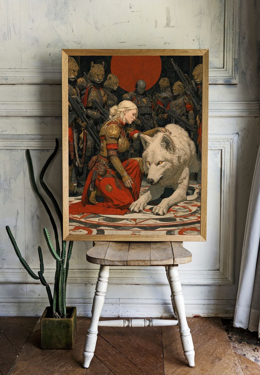 Fantasy Warrior and Wolf Print. room preview