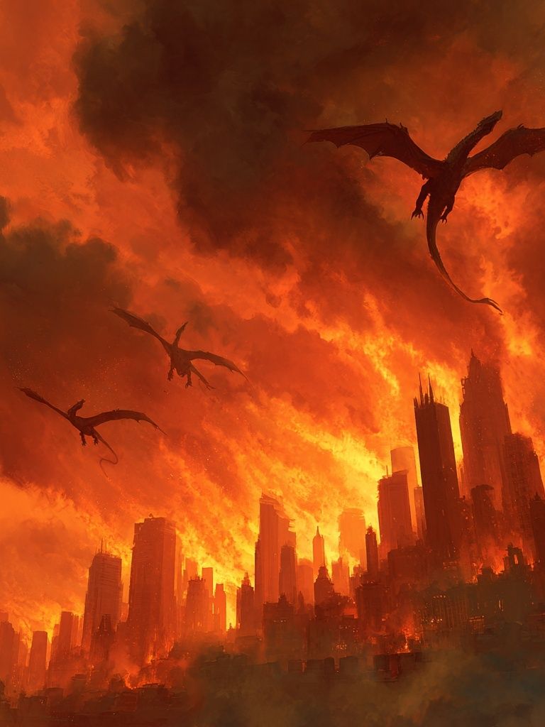 Dragons Over Burning City — Fantasy Art Print. poster — illustration art