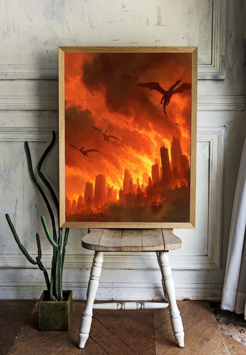 Dragons Over Burning City — Fantasy Art Print. room preview