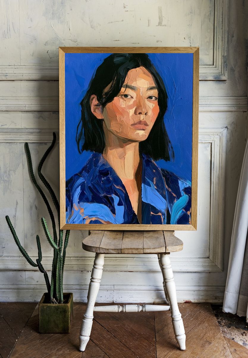 Blue Portrait Oil Painting Print. — room view 1