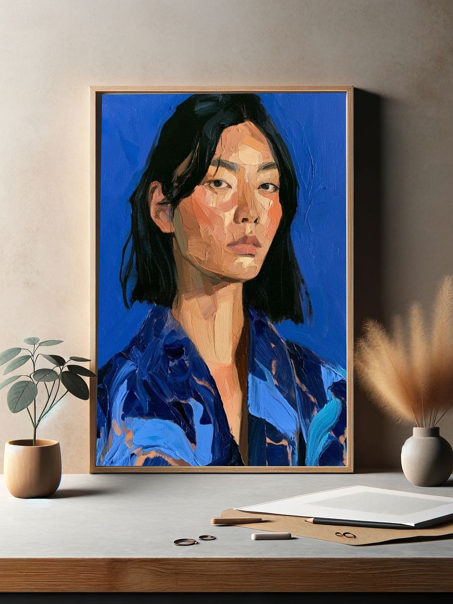 Blue Portrait Oil Painting Print. — room view 2