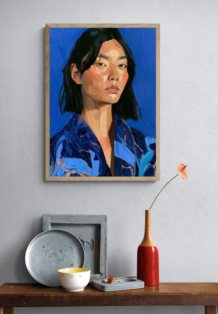 Blue Portrait Oil Painting Print. — room view 3