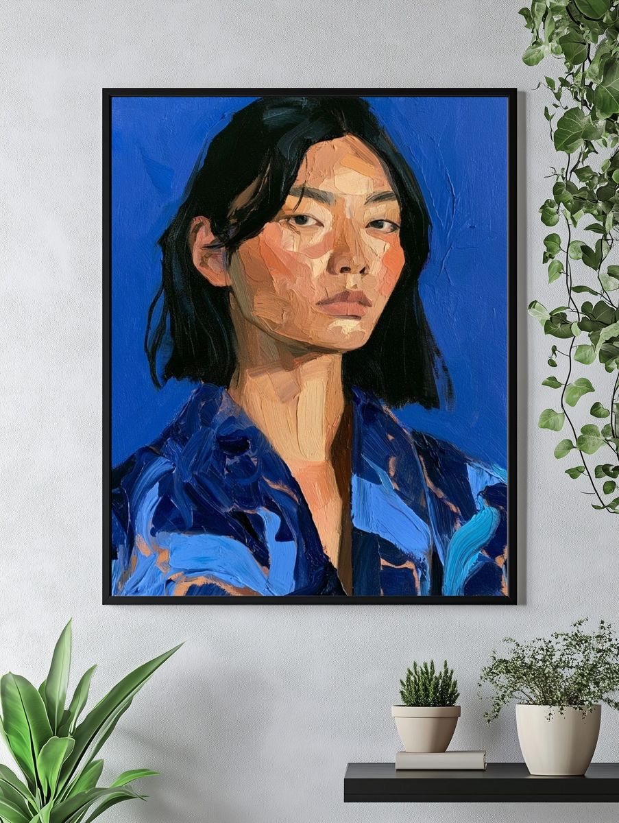 Blue Portrait Oil Painting Print. — room view 4