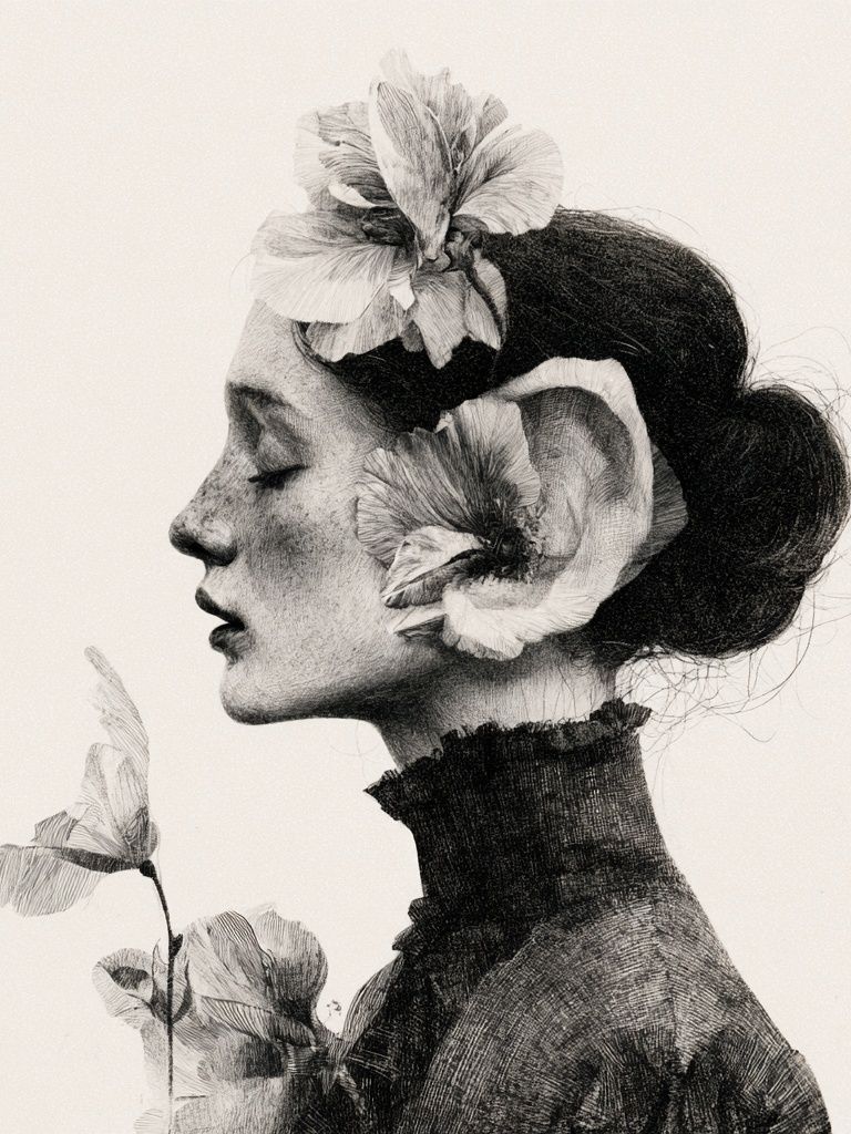 Floral Profile Portrait Print. poster — fine-art art