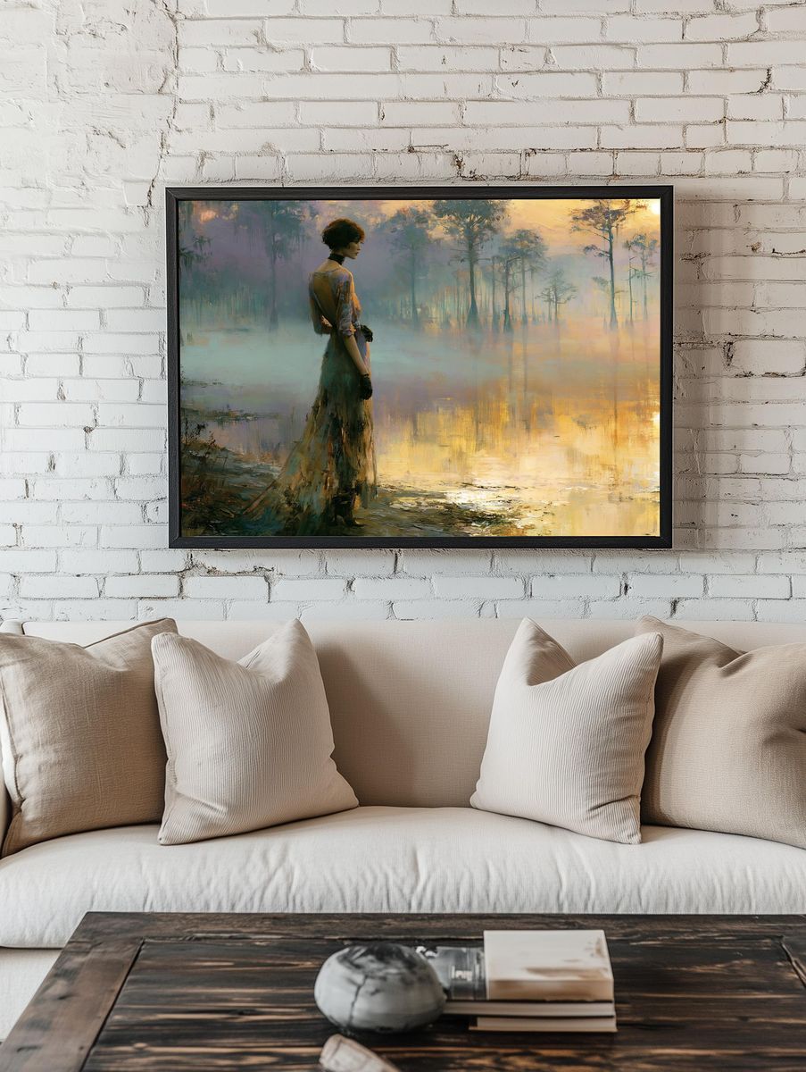 Misty Lakeside Woman Fine-Art Poster. room preview