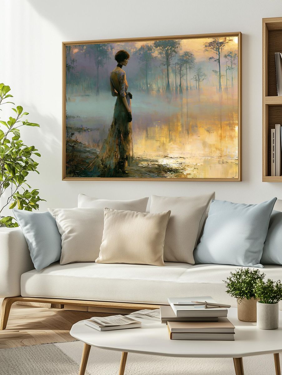 Misty Lakeside Woman Fine-Art Poster. — room view 2