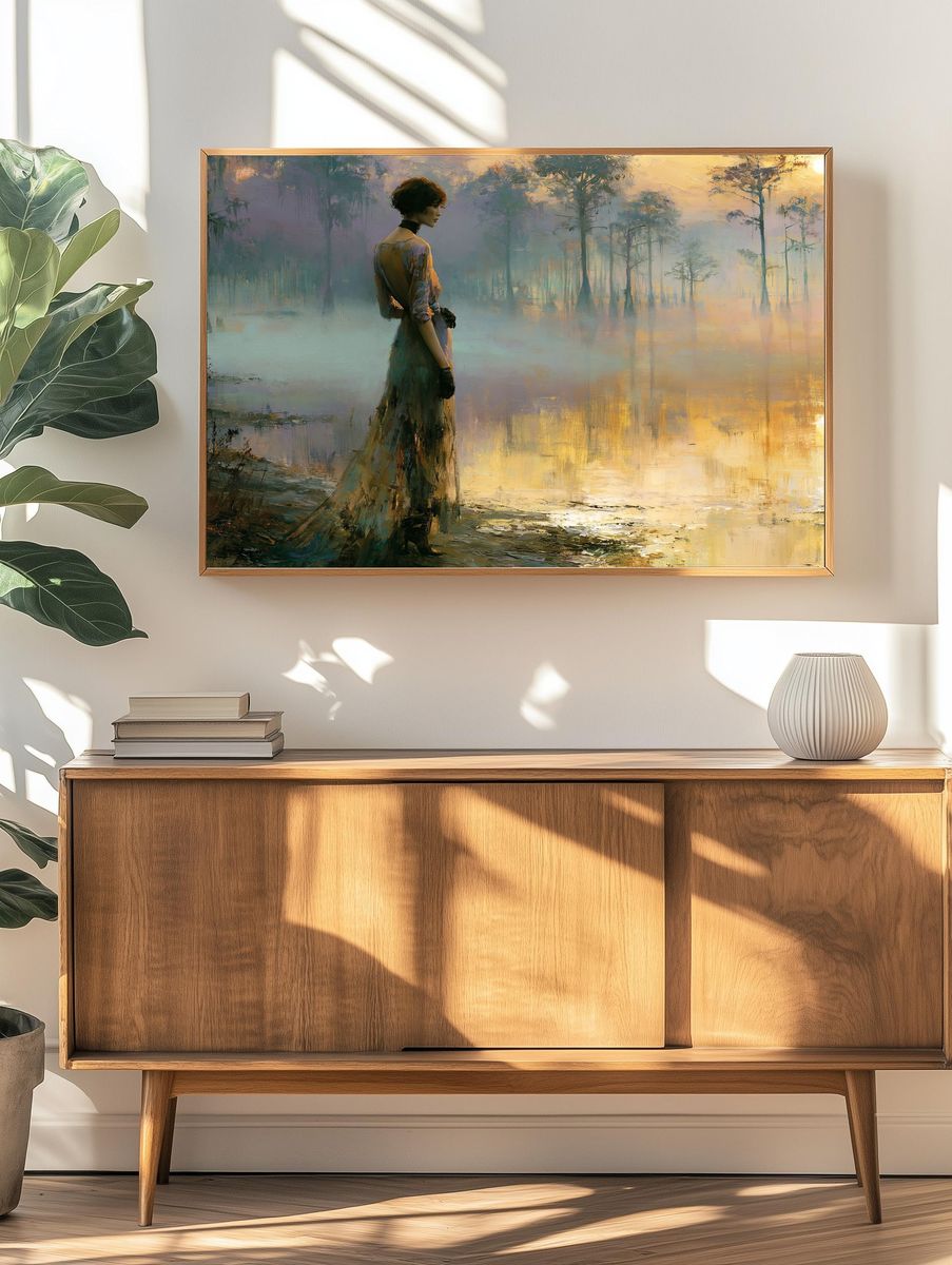 Misty Lakeside Woman Fine-Art Poster. — room view 3