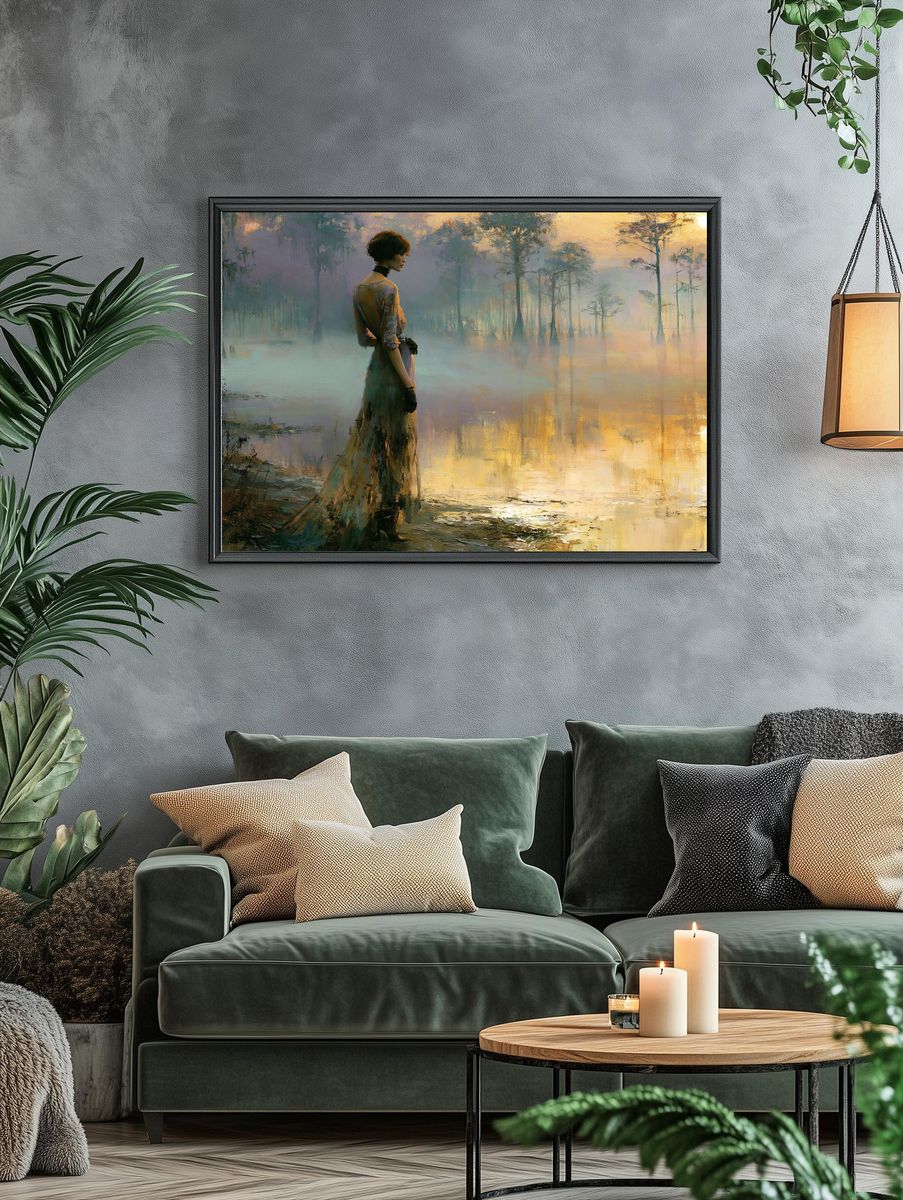 Misty Lakeside Woman Fine-Art Poster. — room view 4