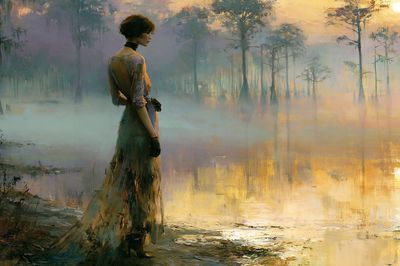 Misty Lakeside Woman Fine-Art Poster.