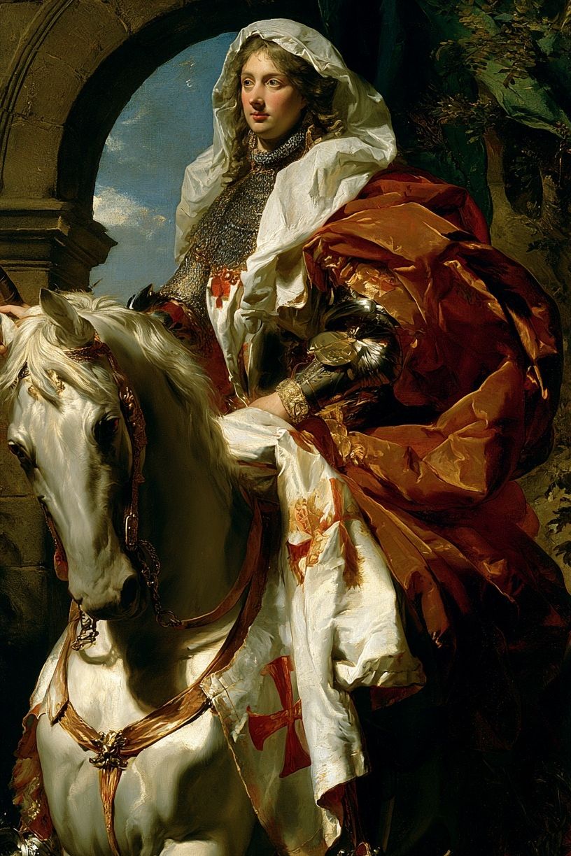 Medieval Knight on White Horse Print. poster — fine-art art