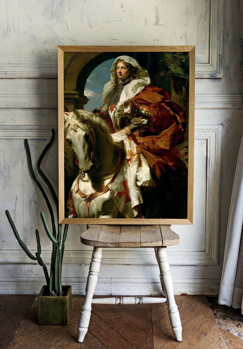 Medieval Knight on White Horse Print. — room view 1