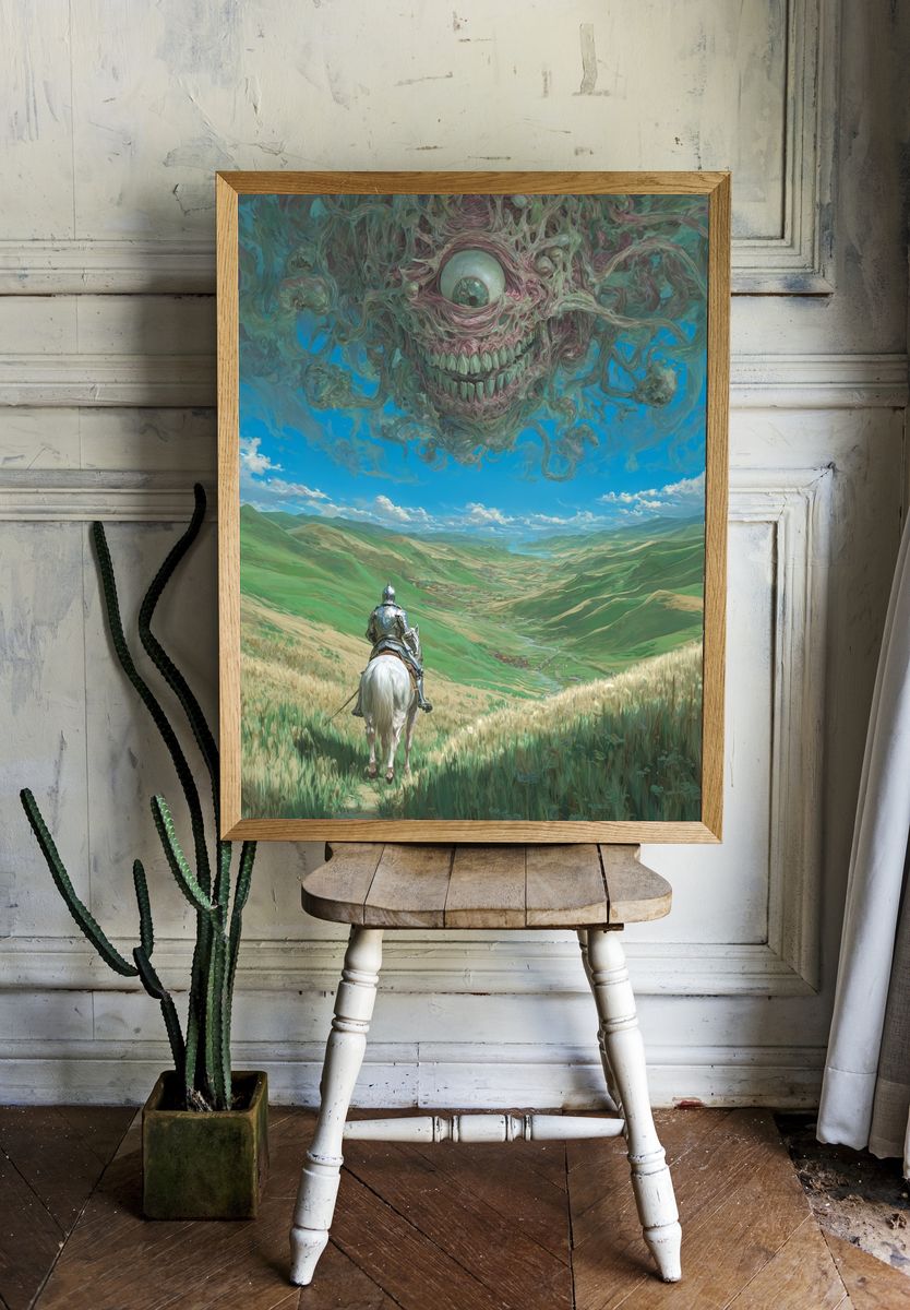 Knight Facing Monstrous Sky — Fantasy Print room preview