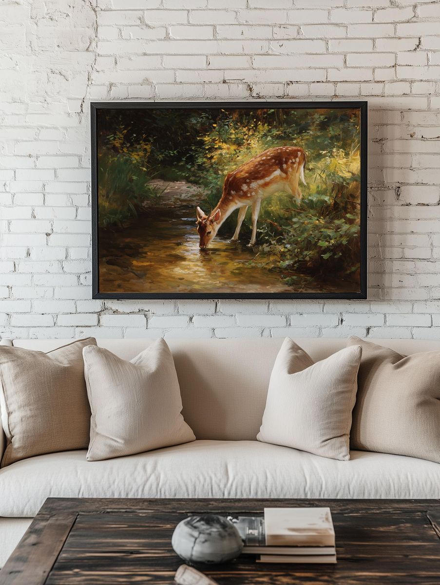Deer by the Stream — Fine Art Print. room preview