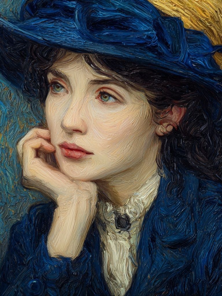 Thoughtful Woman in Blue — Fine Art Print. poster detail