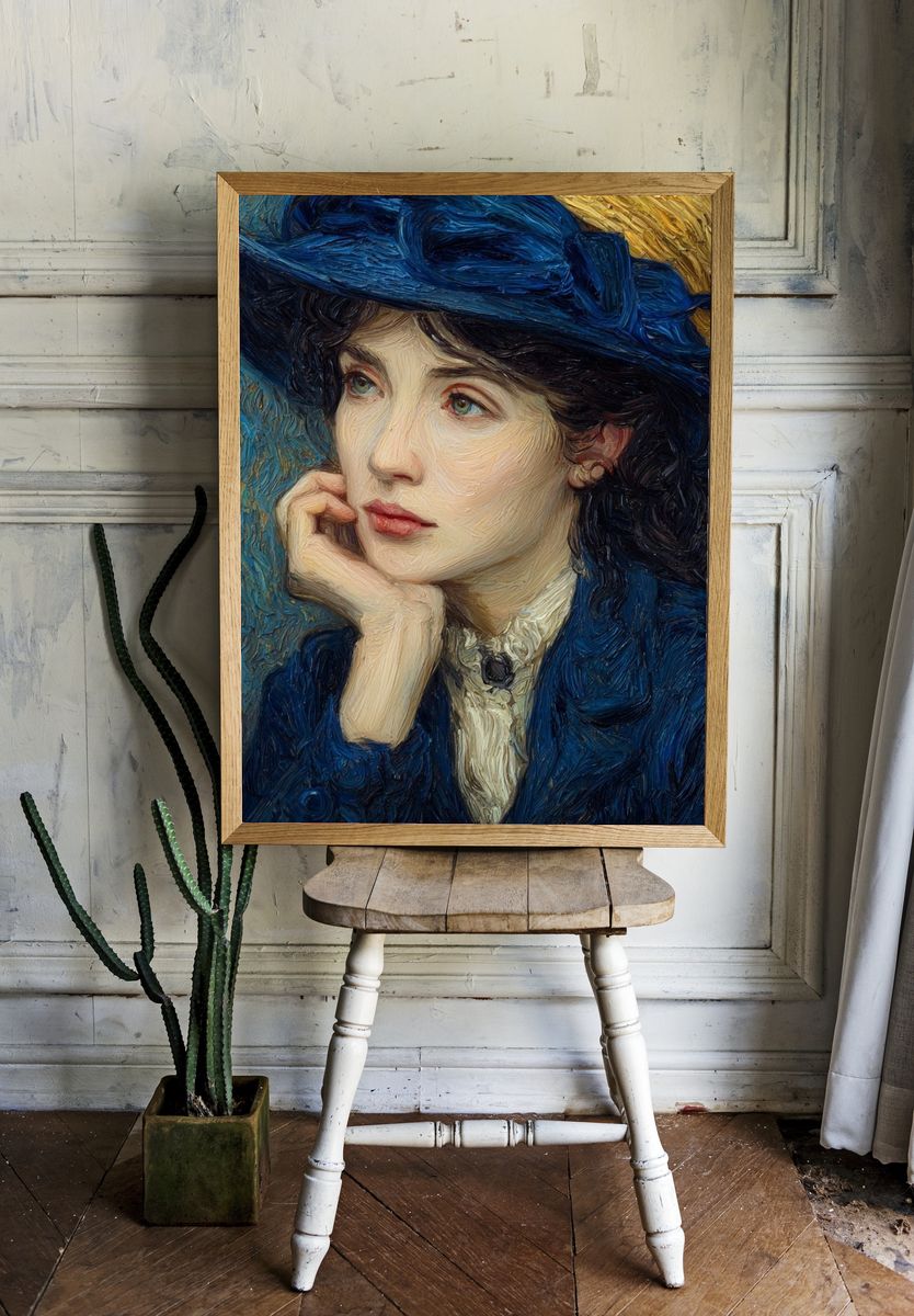 Thoughtful Woman in Blue — Fine Art Print room preview
