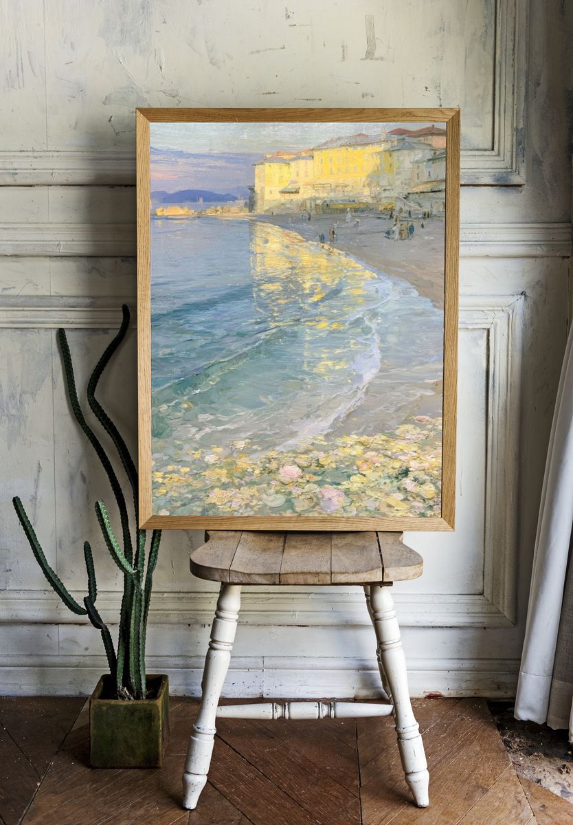 Sunlit Seaside Harbor Print. — room view 1