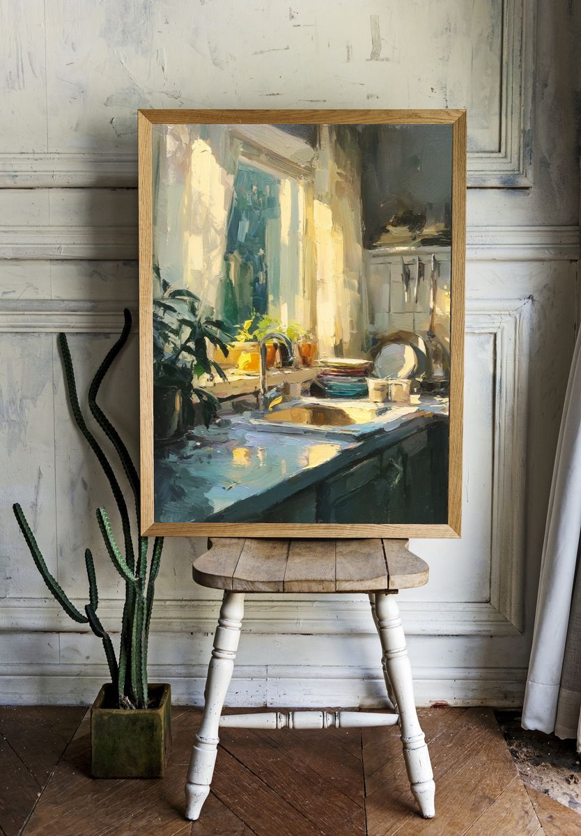 Sunlit Kitchen Interior Painting Poster. — room view 1