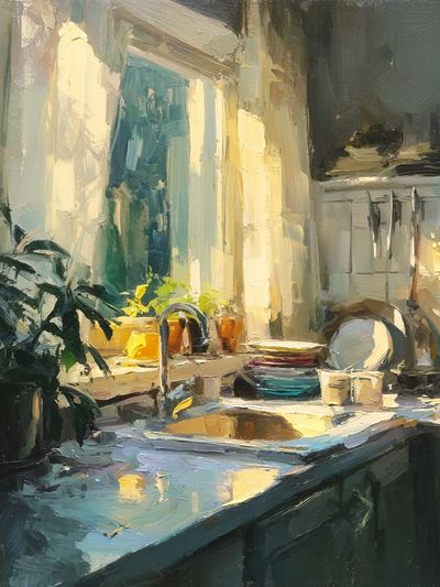 Sunlit Kitchen Interior Painting Poster. poster