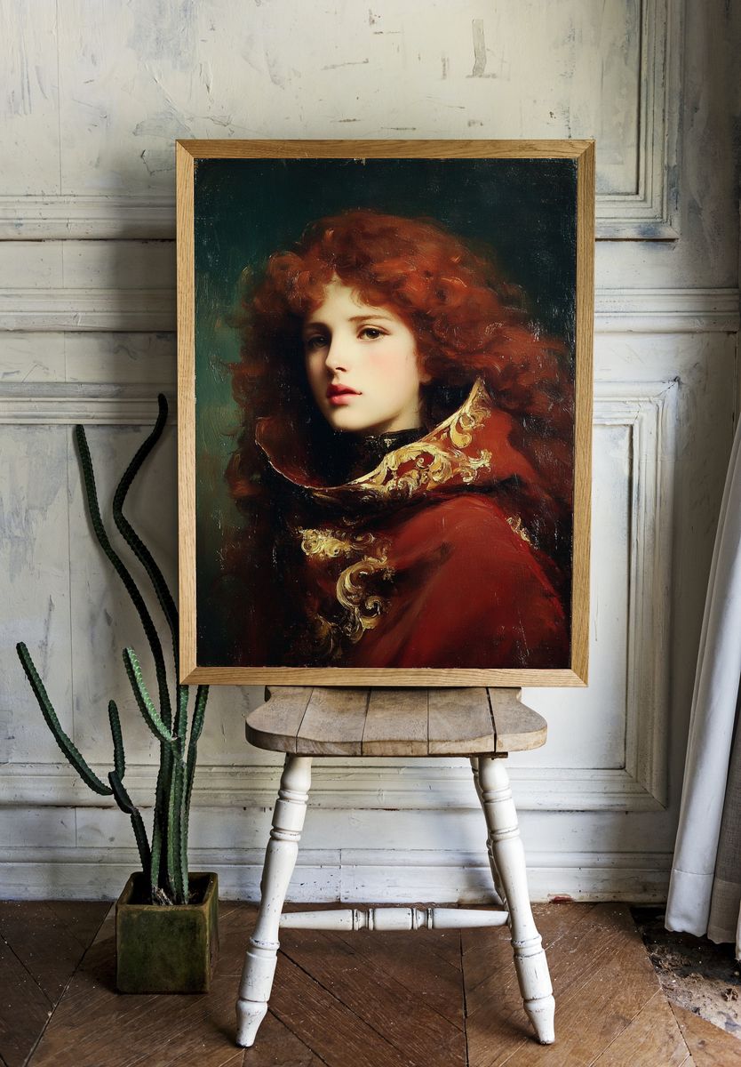 Elegant Woman in Red Cloak — Fine Art Print. — room view 1