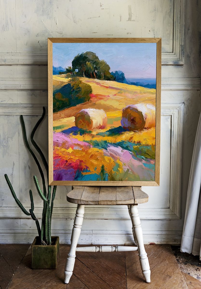 Hay Bales in Sunlit Fields Print. — room view 1