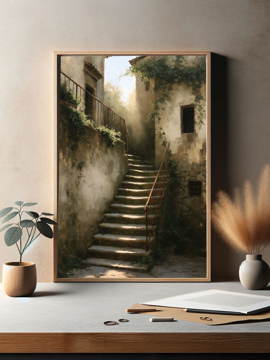 Sunlit Stone Stairway Fine-Art Print. — room view 2