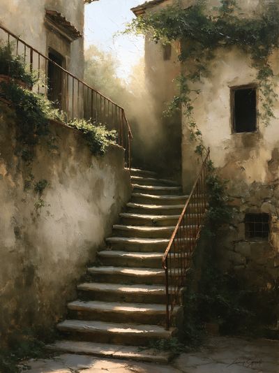 Sunlit Stone Stairway Fine-Art Print. poster