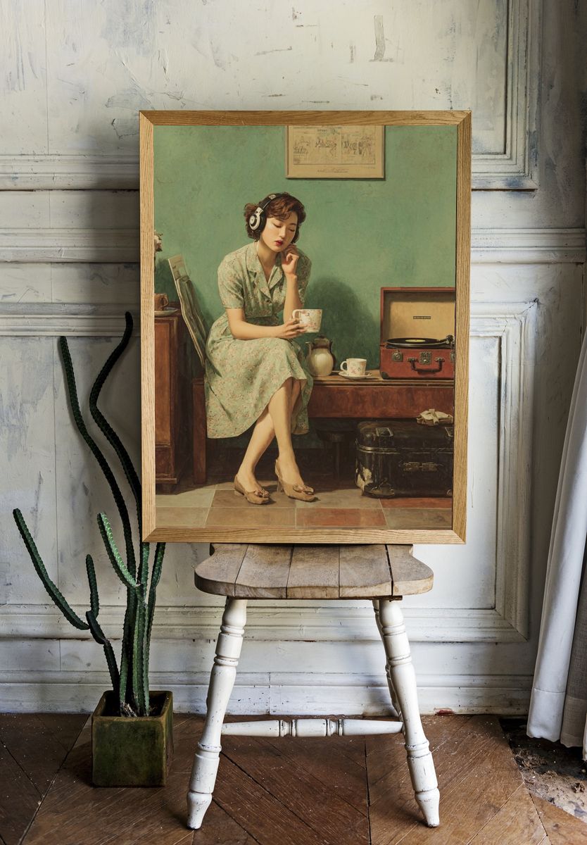 Vintage Woman with Record Player Print. room preview