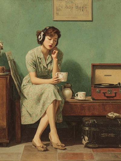 Vintage Woman with Record Player Print. poster print