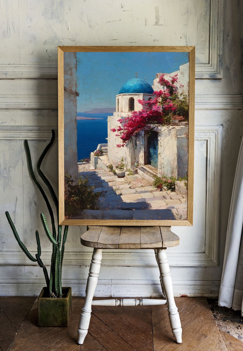 Santorini Seaside Village Painting Poster. — room view 1