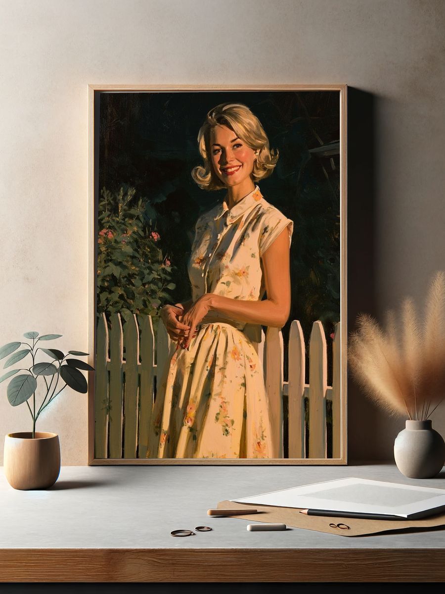 Smiling Woman in Garden Fine-Art Poster. — room view 2