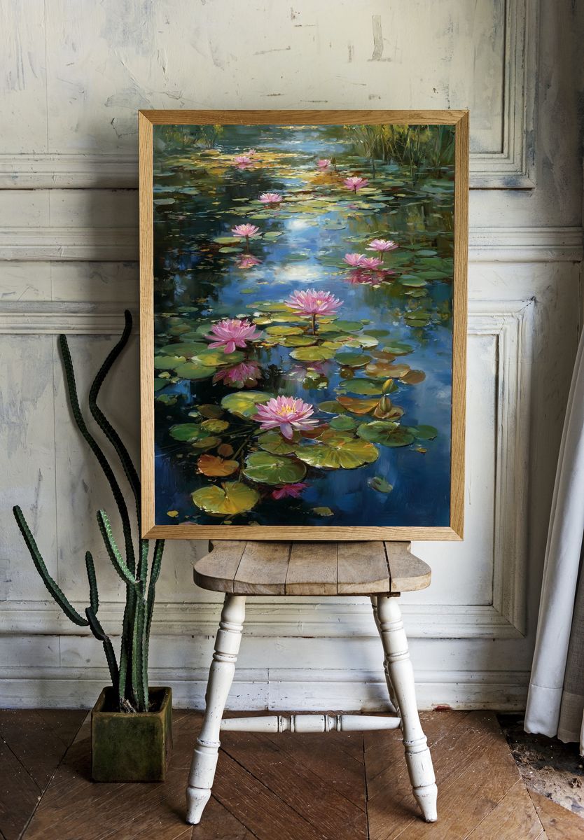 Pink Water Lilies Fine-Art Poster. — room view 1