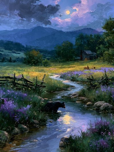 Moonlit Meadow Landscape Print. poster print