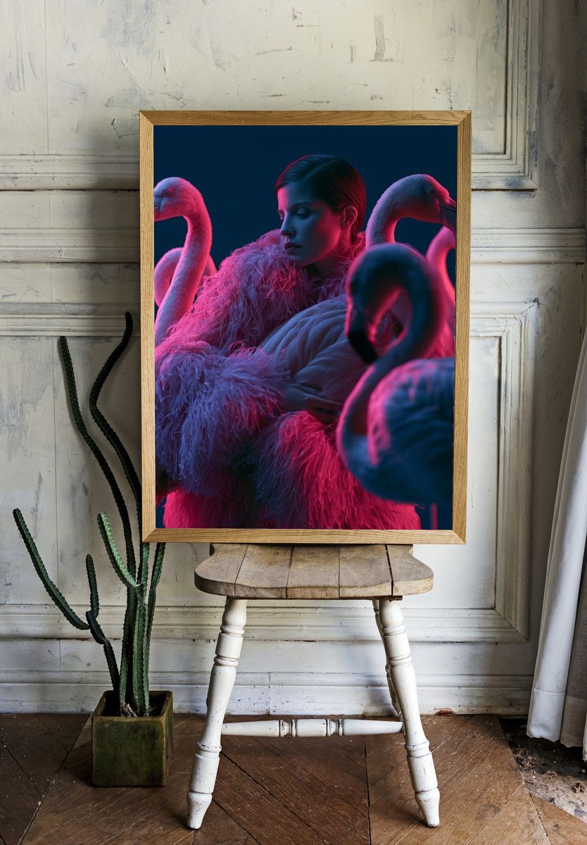 Neon Flamingo Portrait Print. room preview