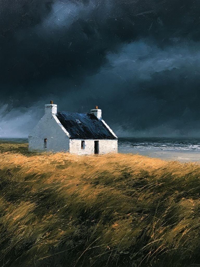 Stormy Coastal Cottage Painting Poster. poster — fine-art art