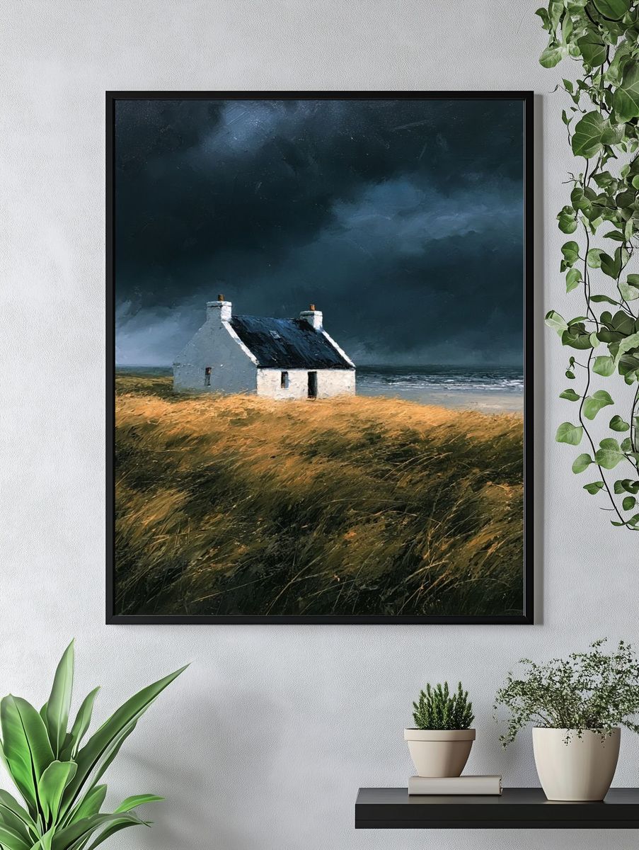 Stormy Coastal Cottage Painting Poster. — room view 4