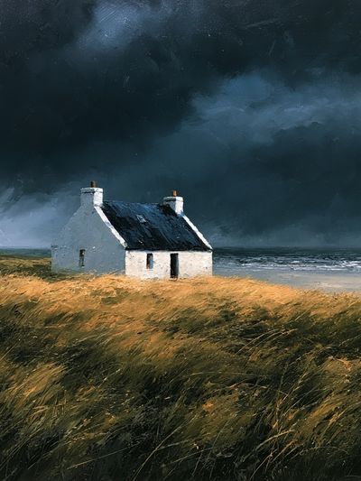 Stormy Coastal Cottage Painting Poster.