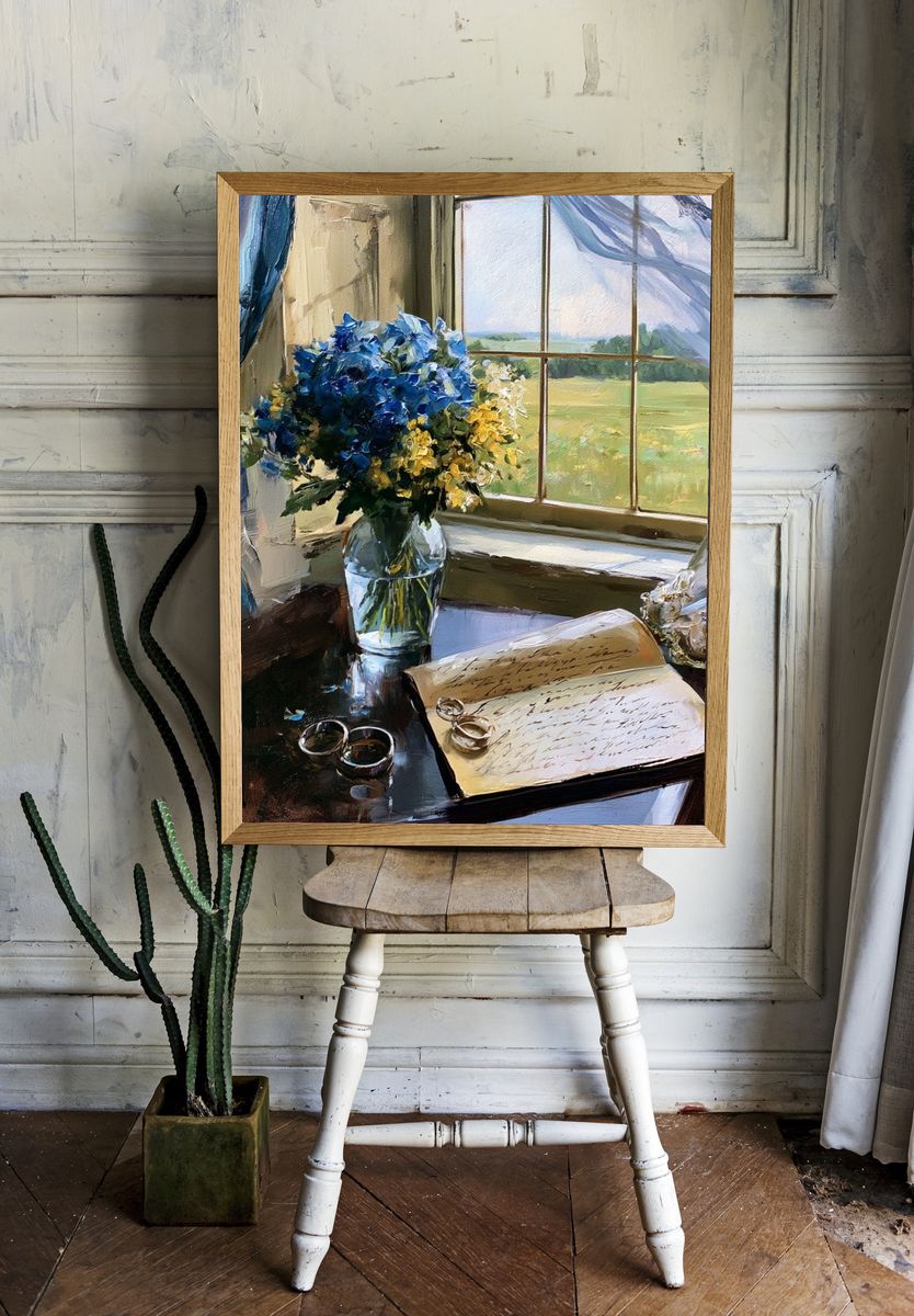 Blue Hydrangeas by the Window Print. — room view 1