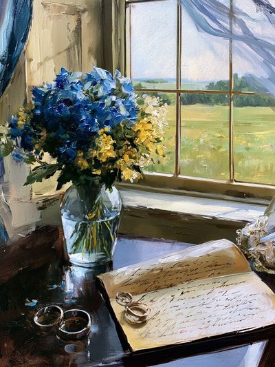 Blue Hydrangeas by the Window Print.