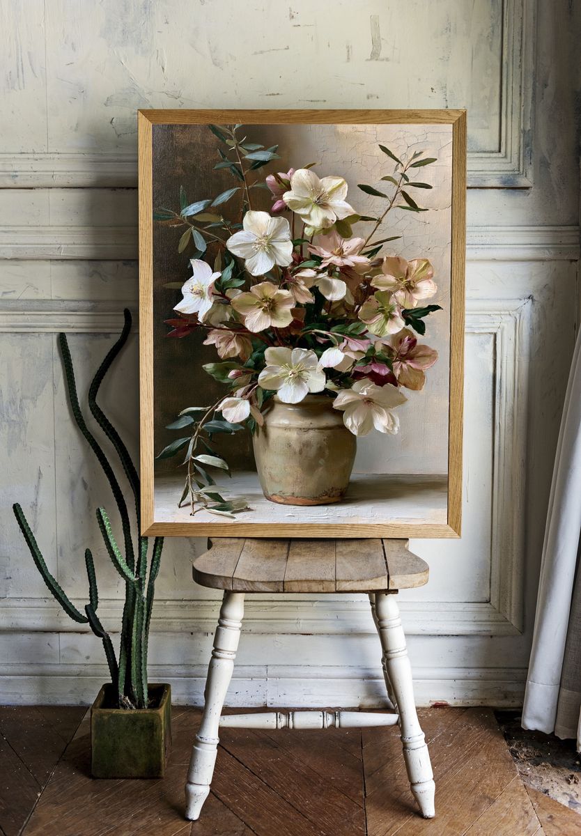 Blush Hellebores Still Life Print. room preview