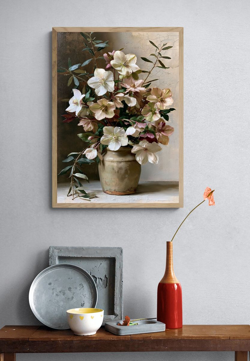Blush Hellebores Still Life Print. — room view 3