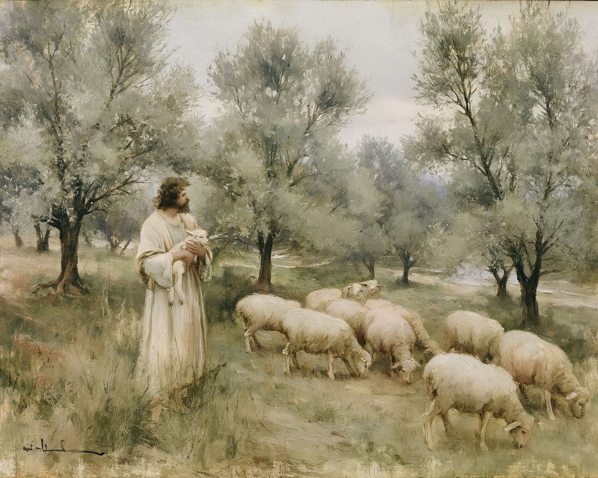 Shepherd and Sheep Pastoral Print. poster detail