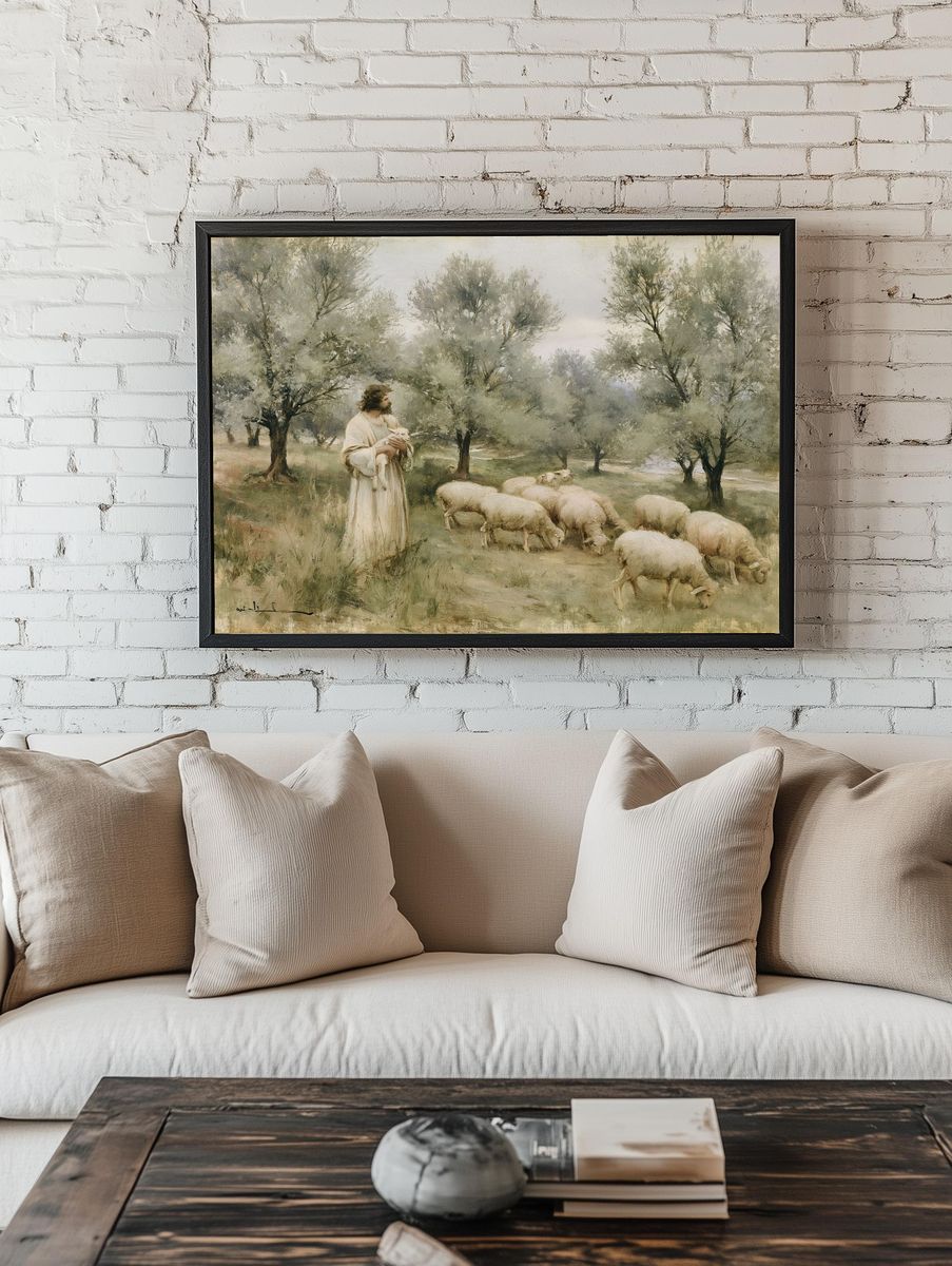 Shepherd and Sheep Pastoral Print. — room view 1