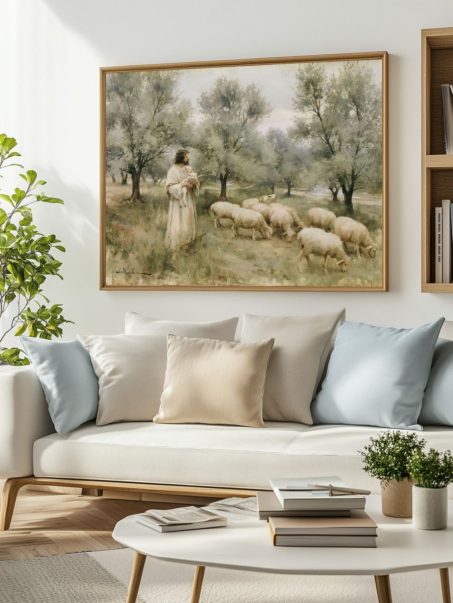 Shepherd and Sheep Pastoral Print. — room view 2