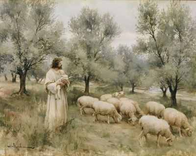Shepherd and Sheep Pastoral Print. poster
