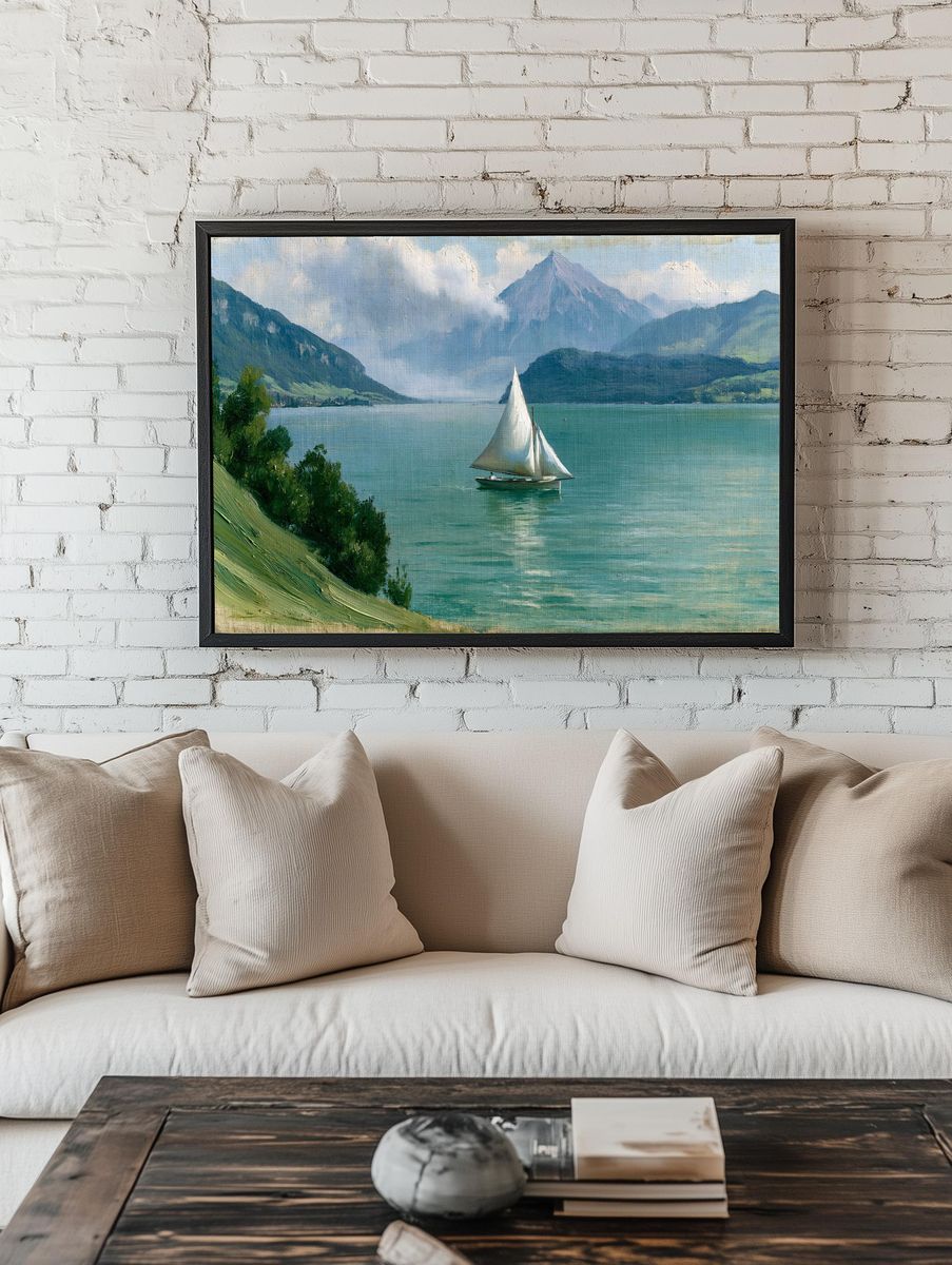 Lake Sailboat Landscape Print. room preview