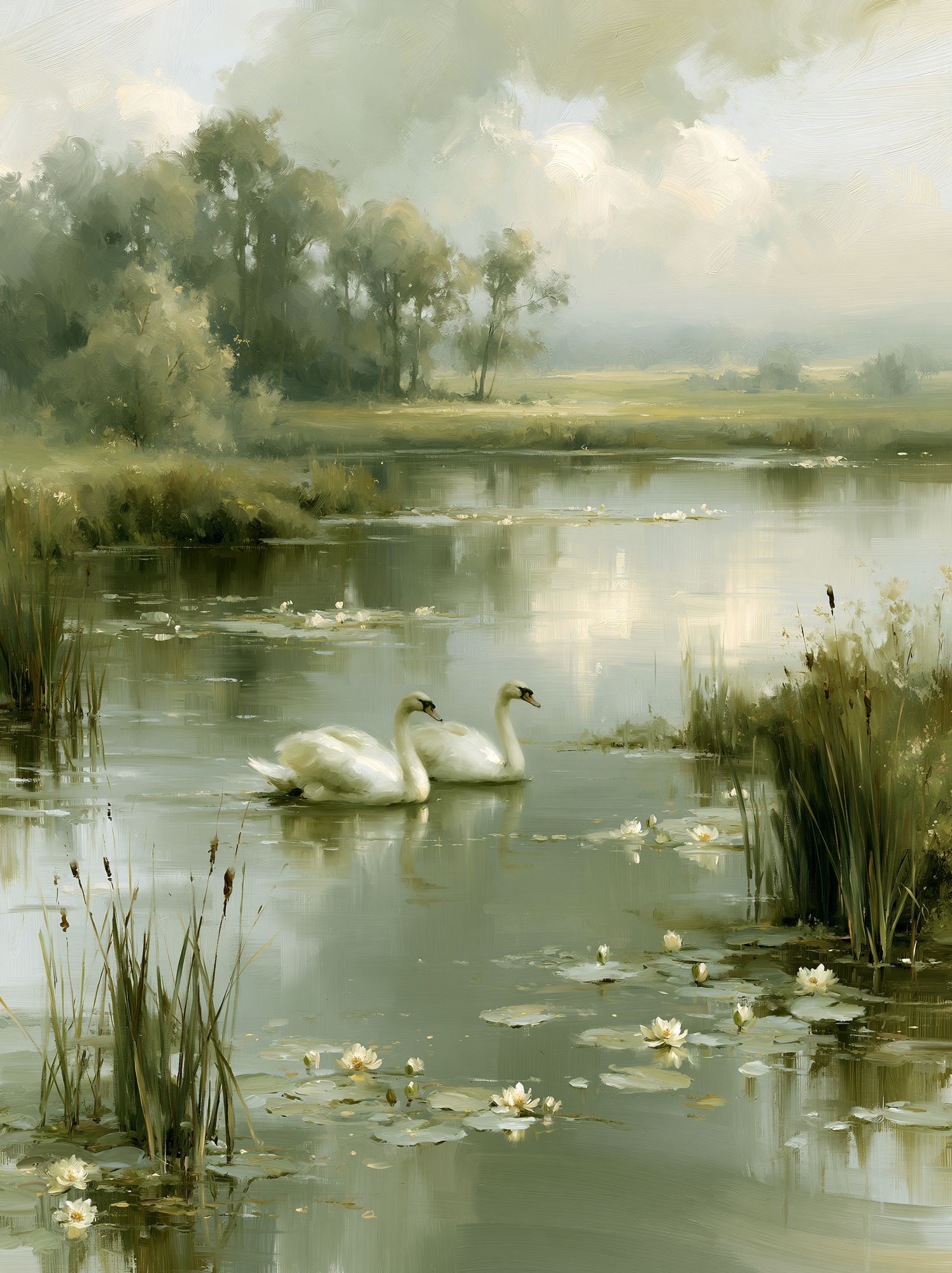 Swans on a Misty Lake Print. poster detail