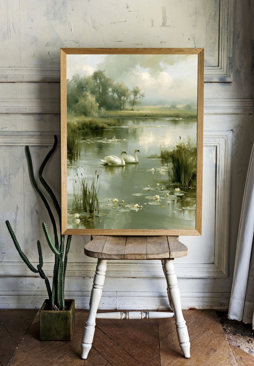 Swans on a Misty Lake Print. — room view 1