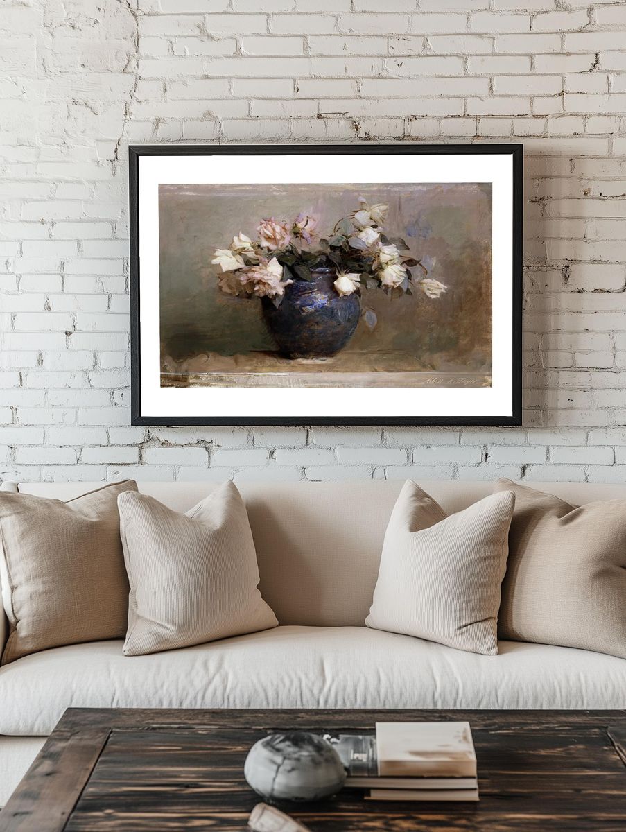 Roses in Blue Vase — Fine Art Print room preview
