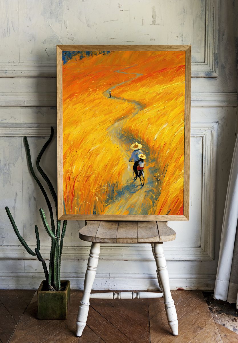 Golden Field Cyclists Fine-Art Poster. — room view 1